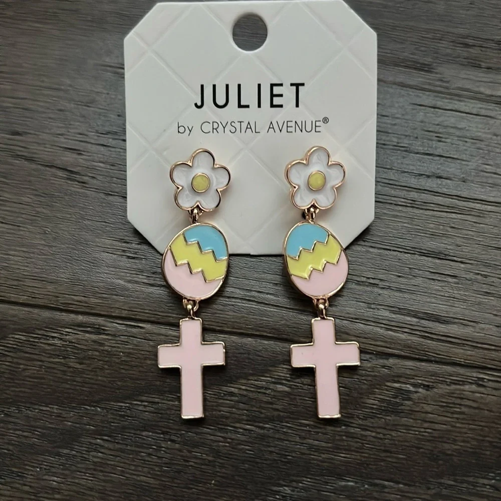 Juliet floral post drop, painted colorful Easter eggs with pink cross earrings